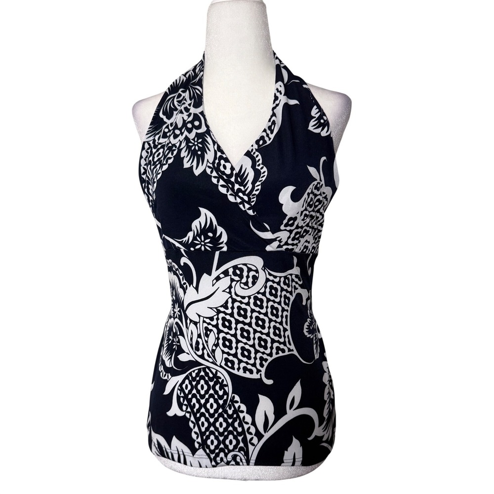 Boston Proper Tropical Floral Sleeveless Top Navy White Surplice Wrap USA Medium